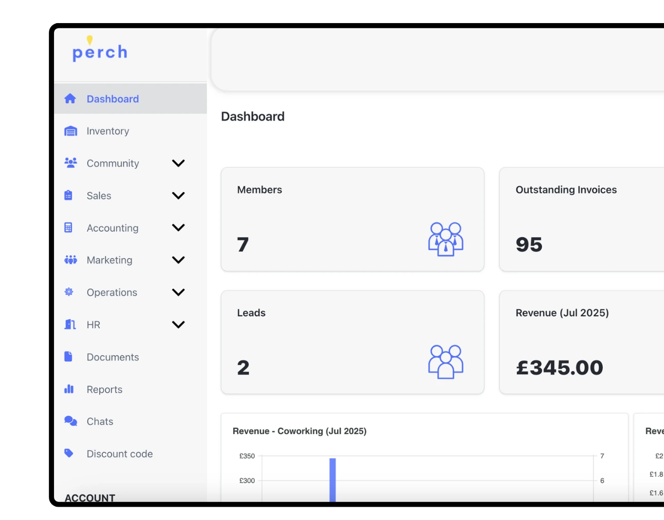 Perch Beyond dashboard showing coworking space bookings and pricing interface
