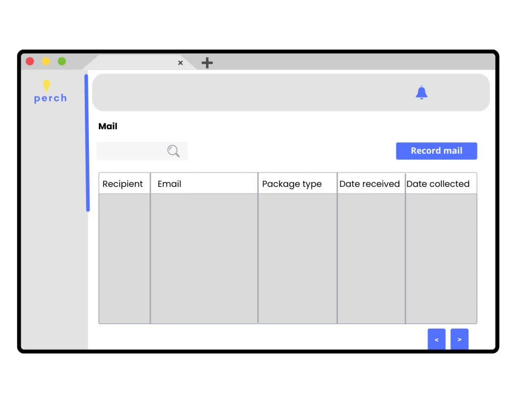 Dashboard showing coworking mail and delivery management system